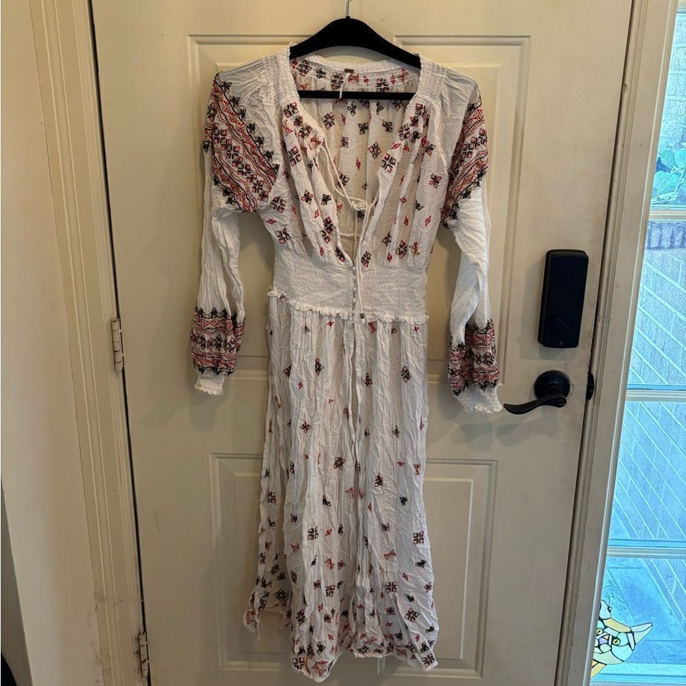 Free People Cream Duster Dress with Red and Black Embroidery - Picture 3 of 5
